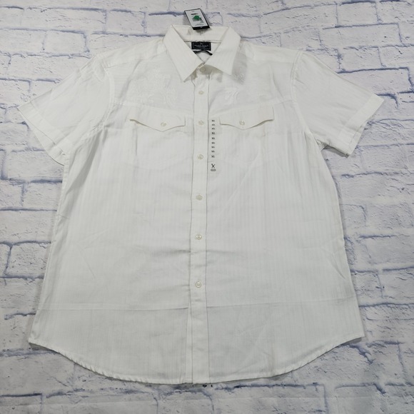 Marc Ecko MENS SIZE XL White Embroidered Button Short Sleeve Striped Shirt Y2K - Picture 1 of 11